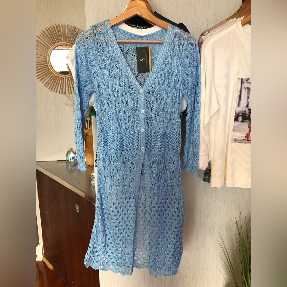 Blue tricot beach cover-up.